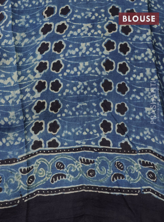 Printed silk saree blue and black with allover ajrakh prints and simple border