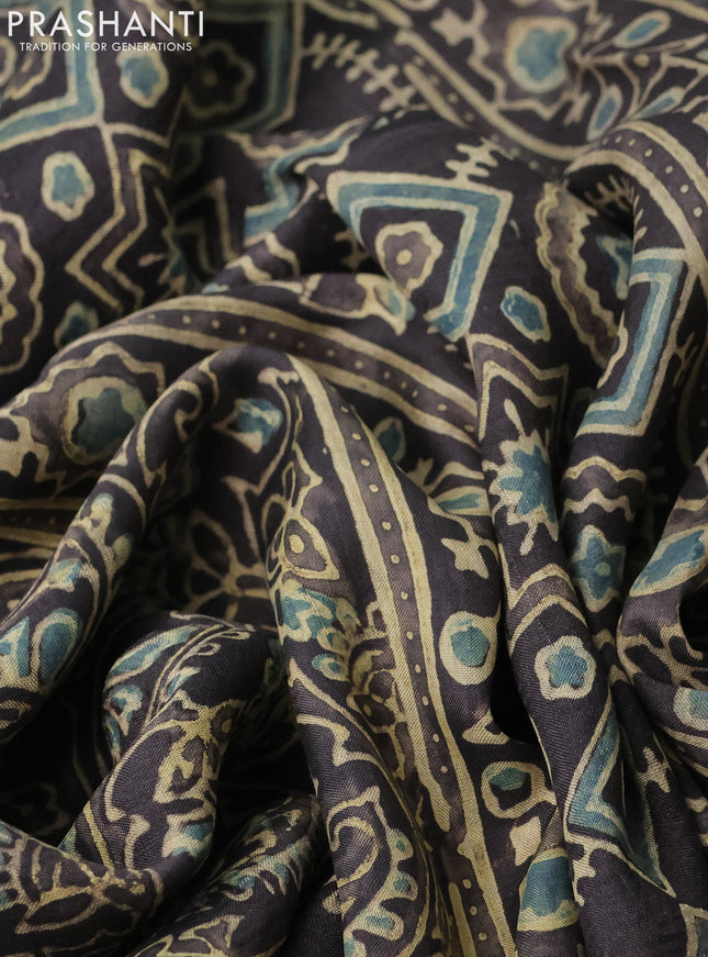 Printed silk saree grey shade and blue with allover ajrakh prints and simple border
