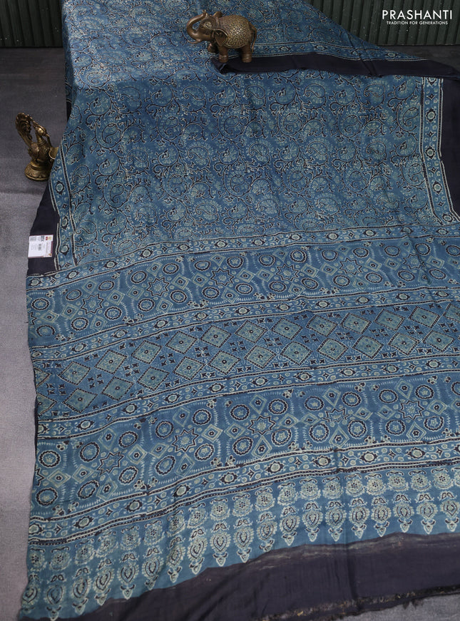 Printed silk saree indigo blue and black with allover ajrakh prints and simple border
