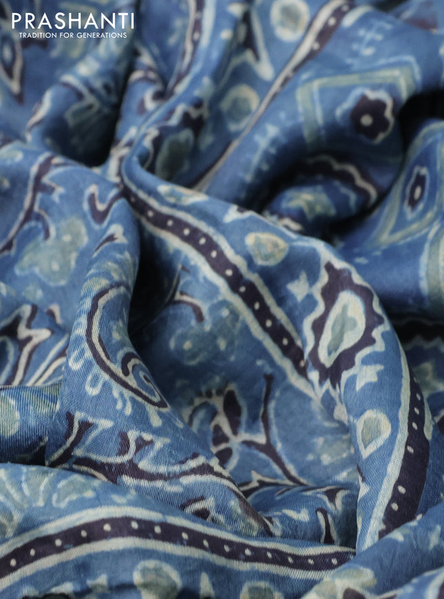 Printed silk saree indigo blue and black with allover ajrakh prints and simple border