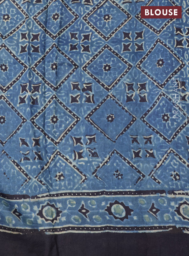 Printed silk saree indigo blue and black with allover ajrakh prints and simple border