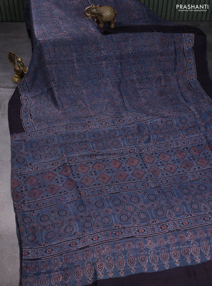 Printed silk saree bluish grey and deep jamun with allover ajrakh prints and simple border