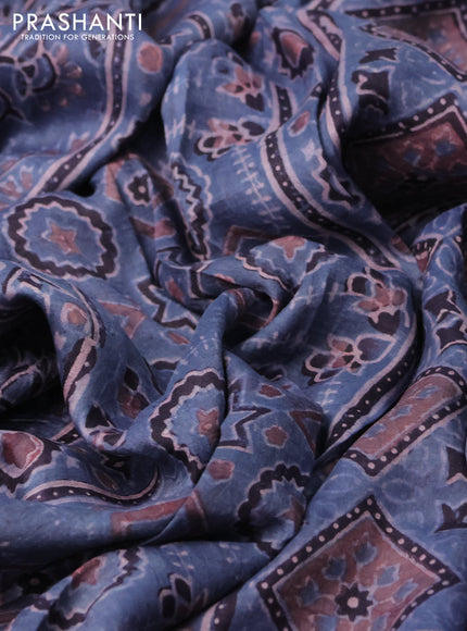 Printed silk saree bluish grey and deep jamun with allover ajrakh prints and simple border