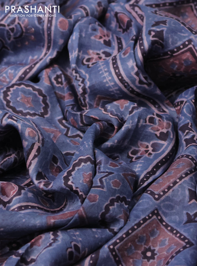 Printed silk saree bluish grey and deep jamun with allover ajrakh prints and simple border