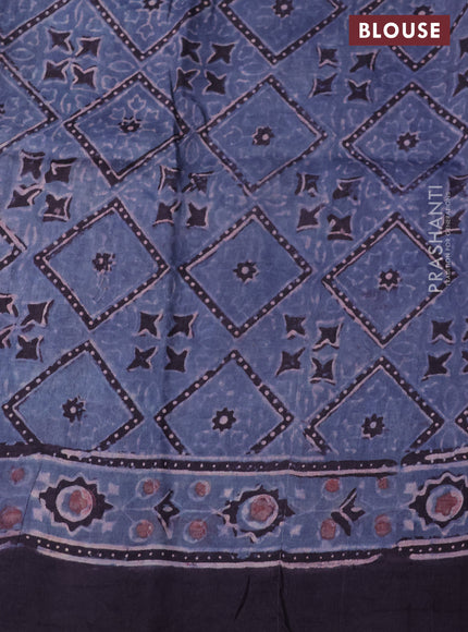 Printed silk saree bluish grey and deep jamun with allover ajrakh prints and simple border