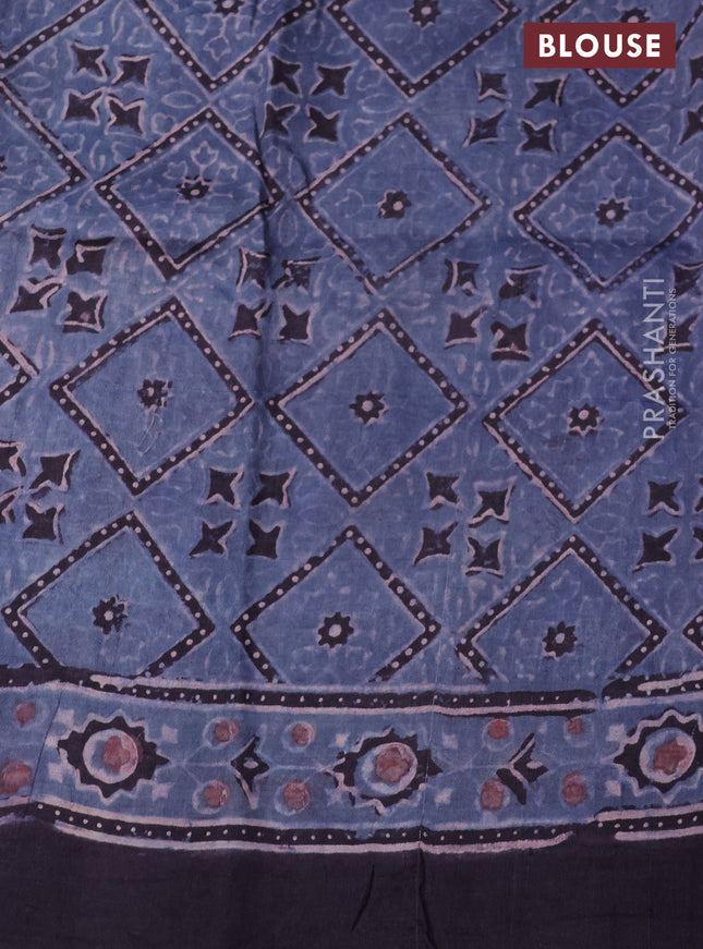 Printed silk saree bluish grey and deep jamun with allover ajrakh prints and simple border