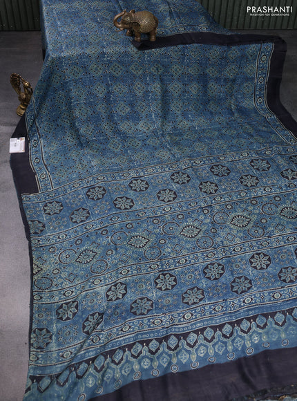 Printed silk saree blue and black with allover ajrakh prints and simple border