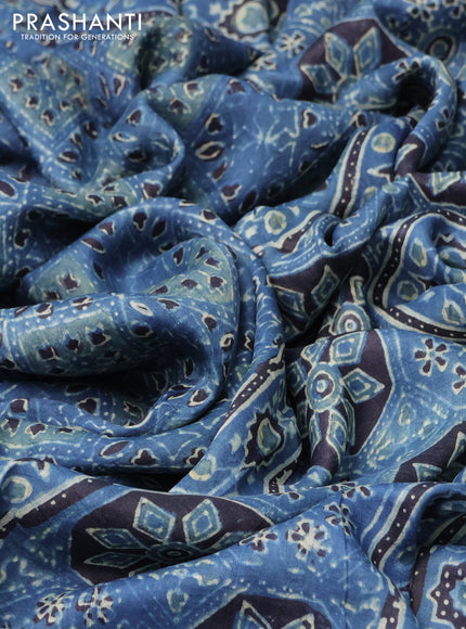 Printed silk saree blue and black with allover ajrakh prints and simple border