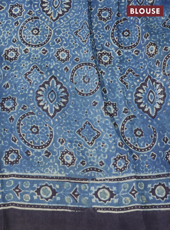 Printed silk saree blue and black with allover ajrakh prints and simple border