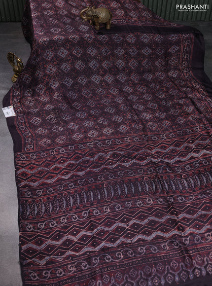 Printed silk saree wine shade with allover ajrakh prints and simple border