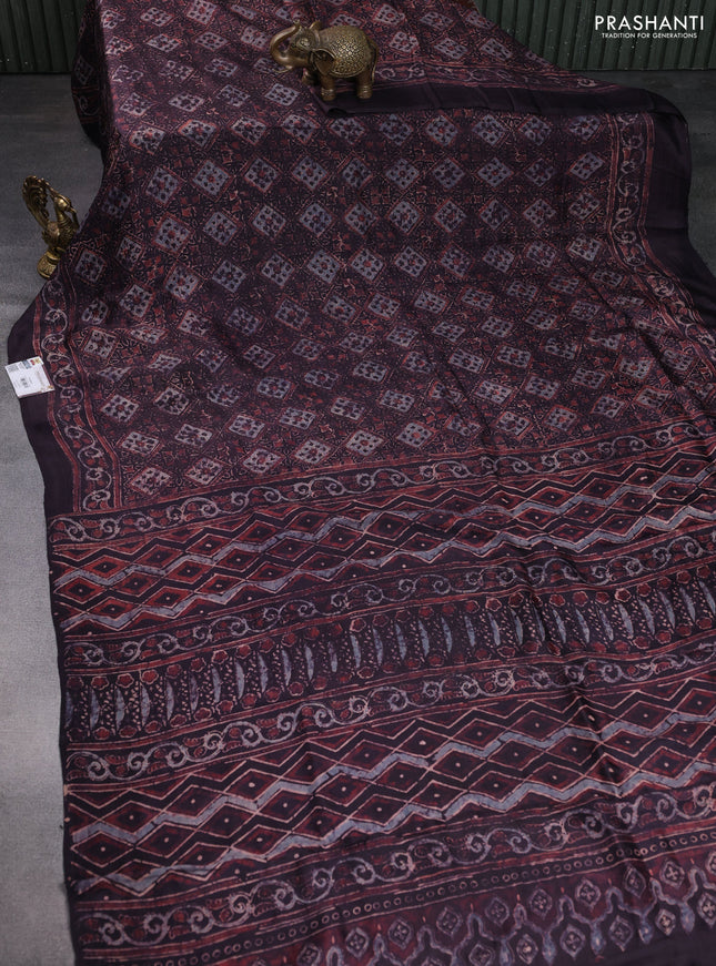 Printed silk saree wine shade with allover ajrakh prints and simple border