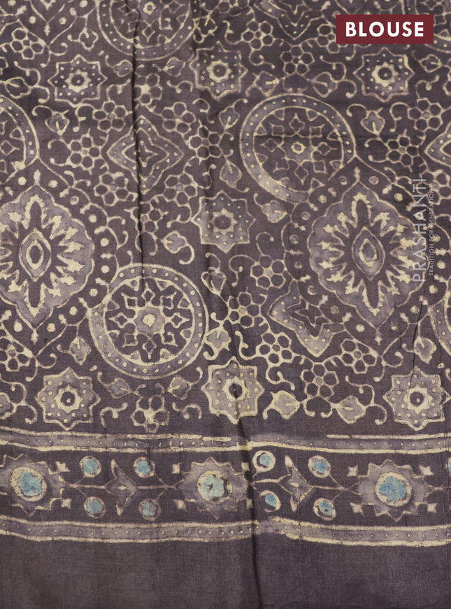 Printed silk saree grey shade with allover ajrakh prints and simple border