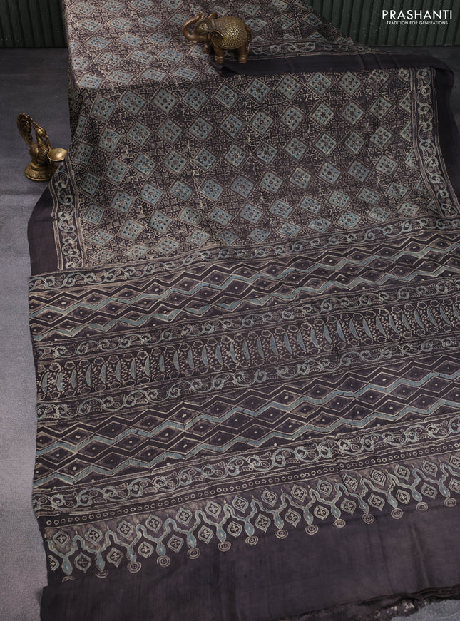 Printed silk saree brown shade with allover ajrakh prints and simple border