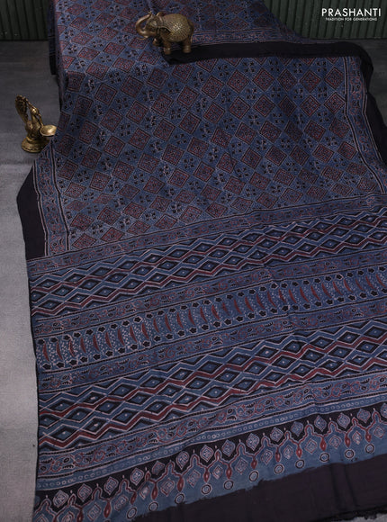 Printed silk saree bluish grey and black with allover ajrakh prints and simple border