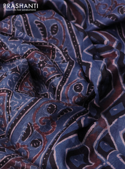 Printed silk saree bluish grey and black with allover ajrakh prints and simple border
