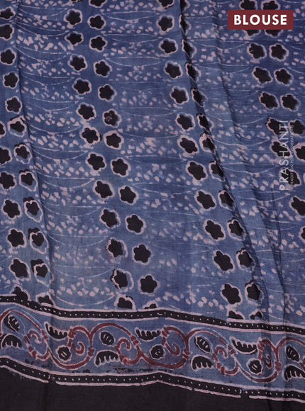 Printed silk saree bluish grey and black with allover ajrakh prints and simple border