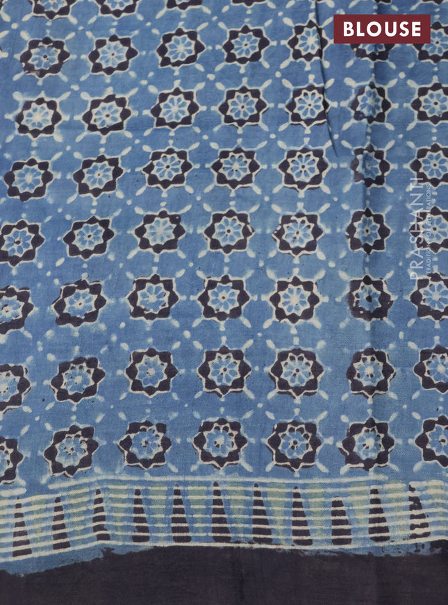 Printed silk saree blue and black with allover ajrakh prints and simple border