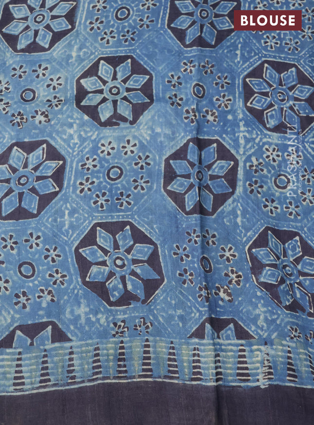 Printed silk saree blue and black with allover ajrakh prints and simple border