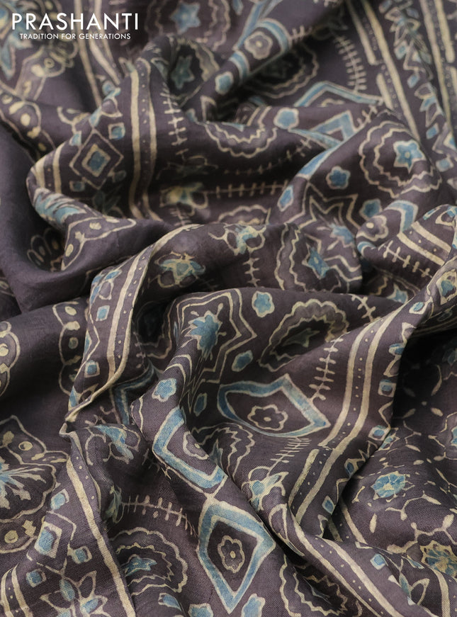 Printed silk saree grey shade with allover ajrakh prints and simple border