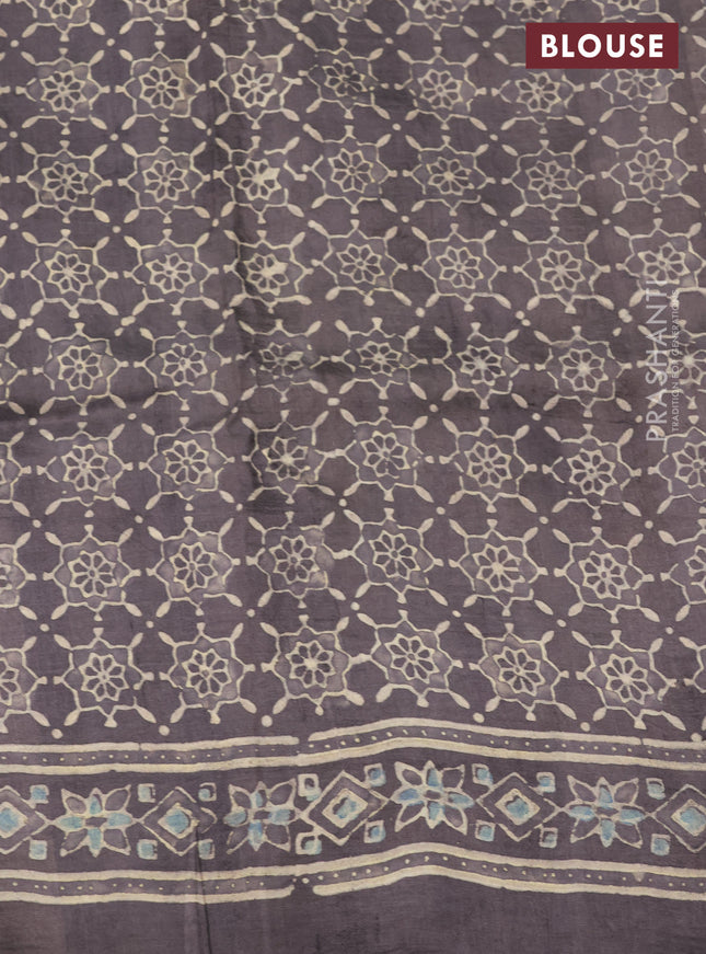 Printed silk saree grey shade with allover ajrakh prints and simple border