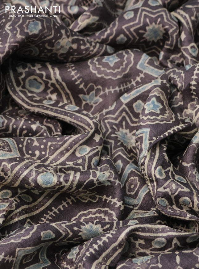Printed silk saree grey shade with allover ajrakh prints and simple border