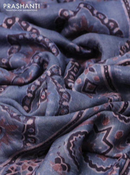 Printed silk saree bluish grey and deep jamun with allover ajrakh prints and simple border