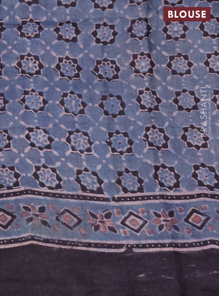 Printed silk saree bluish grey and deep jamun with allover ajrakh prints and simple border
