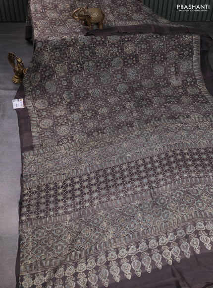 Printed silk saree grey shade with allover ajrakh prints and simple border