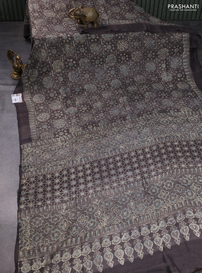 Printed silk saree grey shade with allover ajrakh prints and simple border