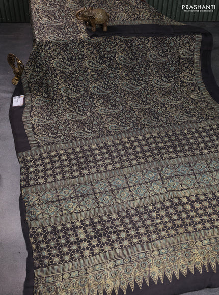 Printed silk saree grey with allover ajrakh prints and simple border