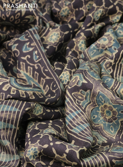 Printed silk saree grey with allover ajrakh prints and simple border