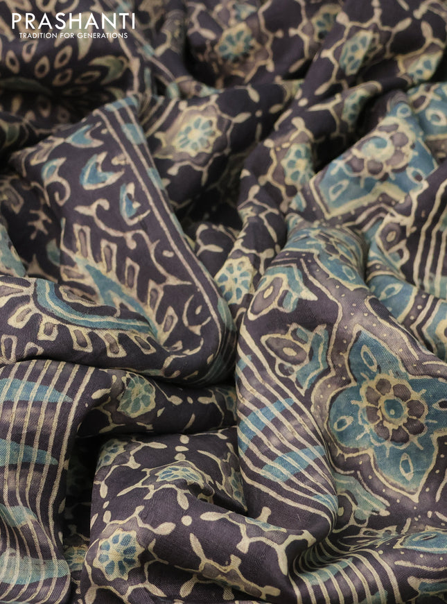 Printed silk saree grey with allover ajrakh prints and simple border