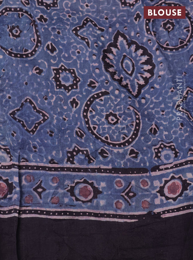Printed silk saree blue and black with allover ajrakh prints and simple border