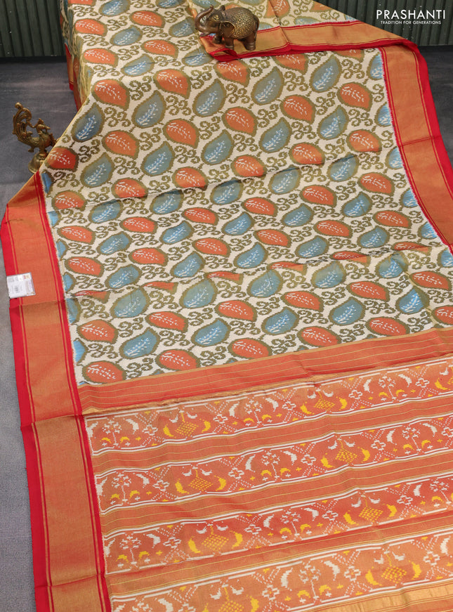 Pochampally tissue silk saree cream and red with allover ikat weaves and zari woven border