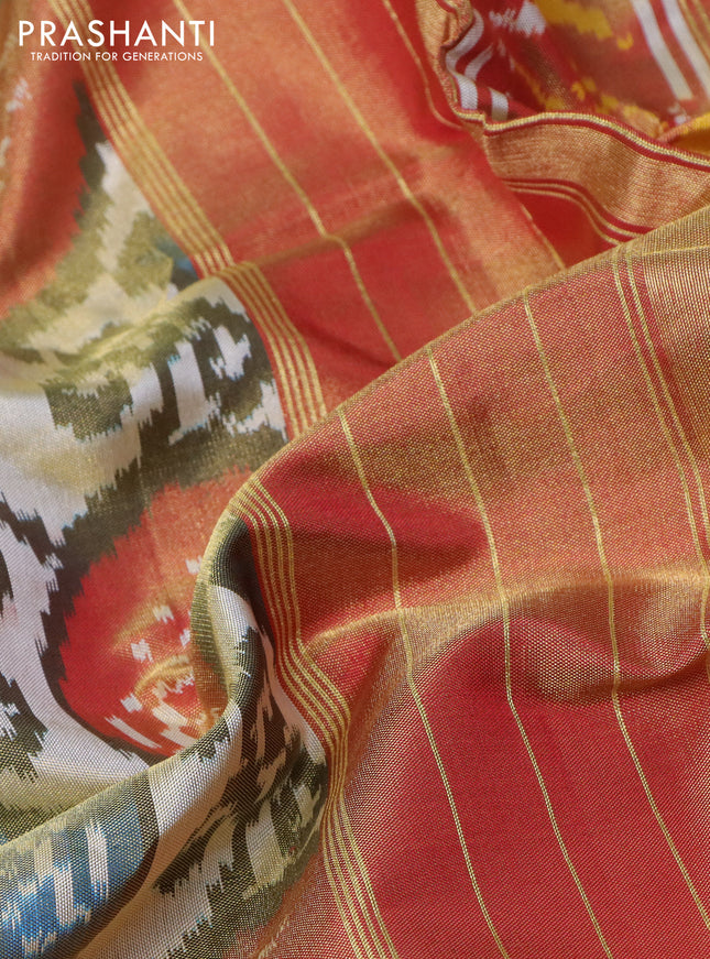 Pochampally tissue silk saree cream and red with allover ikat weaves and zari woven border