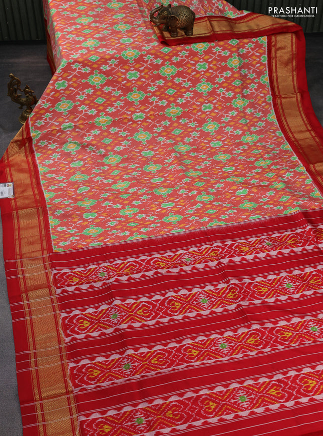 Pochampally silk saree orange and red with allover ikat weaves and long zari woven border