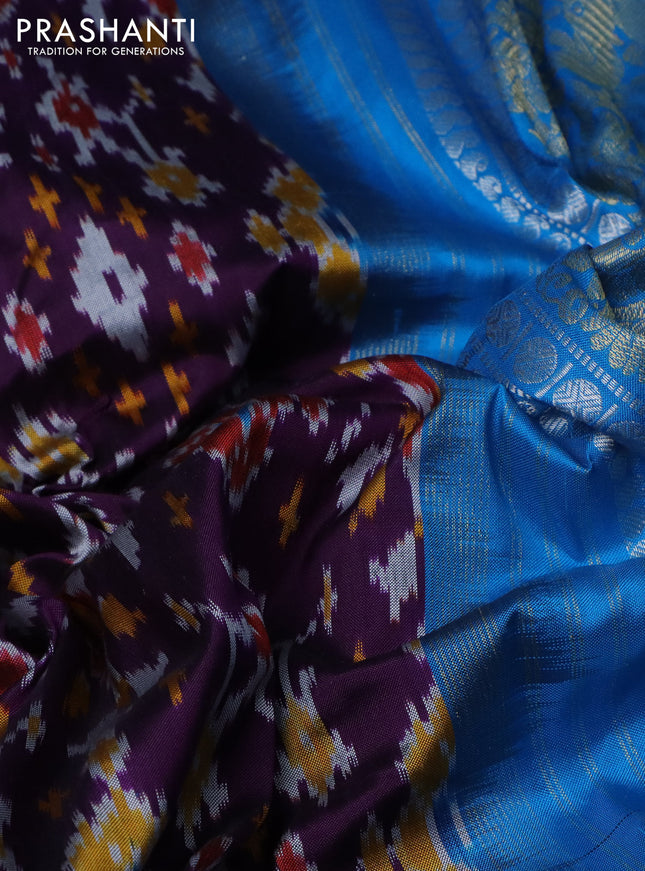 Pochampally silk saree purple and cs blue with allover ikat weaves and long zari woven border