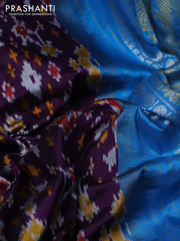 Pochampally silk saree purple and cs blue with allover ikat weaves and long zari woven border
