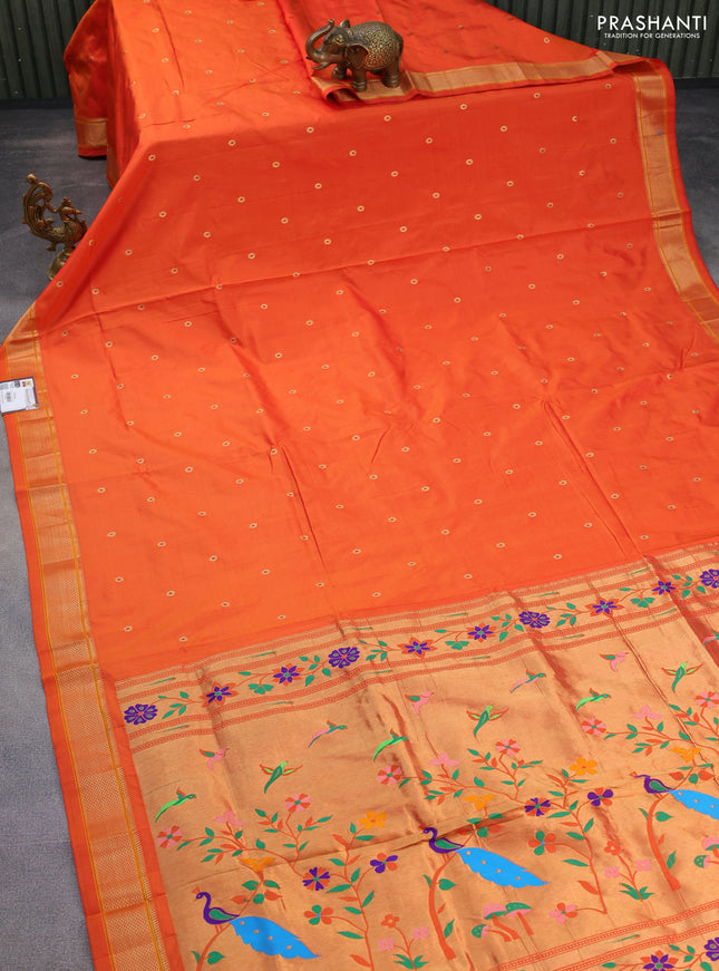 Pure paithani silk saree orange with zari woven buttas and paithani design pallu