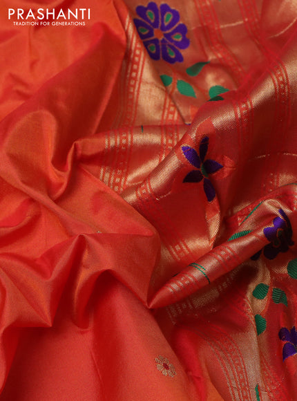 Pure paithani silk saree orange with zari woven buttas and paithani design pallu