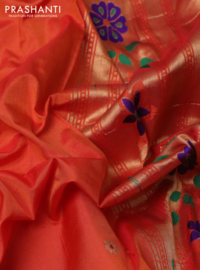 Pure paithani silk saree orange with zari woven buttas and paithani design pallu