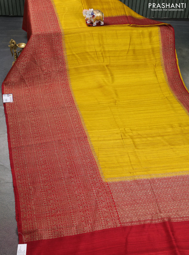 Banarasi raw silk saree mustard yellow and red with plain body and long woven border