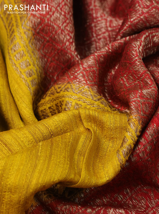 Banarasi raw silk saree mustard yellow and red with plain body and long woven border