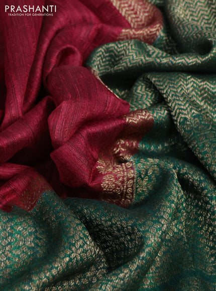 Banarasi raw silk saree maroon and green with plain body and long zari woven border