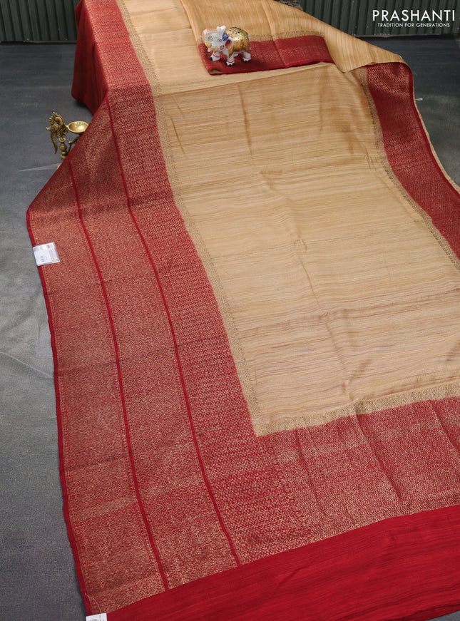 Banarasi raw silk saree sandal and maroon with plain body and long zari woven border