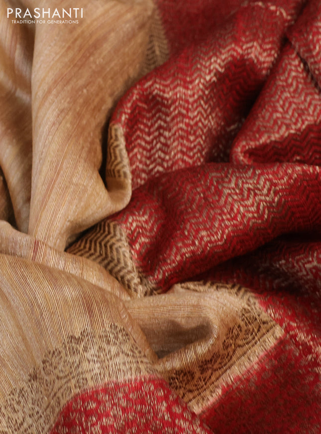 Banarasi raw silk saree sandal and maroon with plain body and long zari woven border