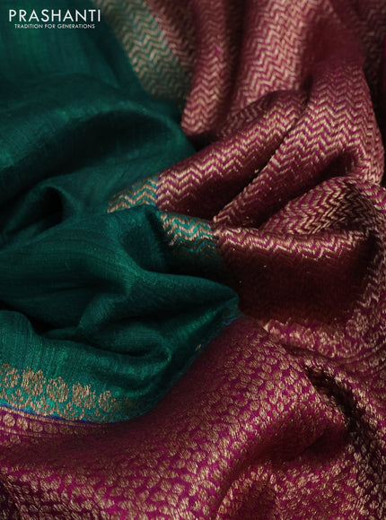 Banarasi raw silk saree green and dark magenta with plain body and long zari woven border