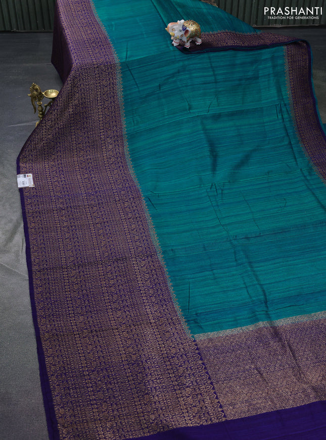 Banarasi raw silk saree teal blue and navy blue with plain body and long zari woven border