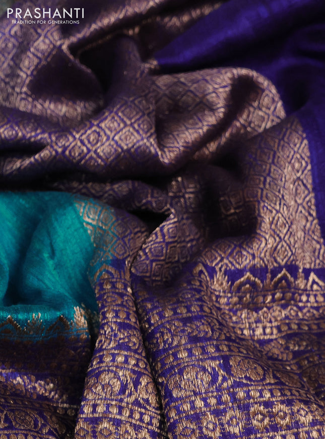Banarasi raw silk saree teal blue and navy blue with plain body and long zari woven border
