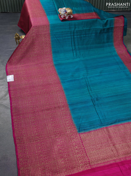 Banarasi raw silk saree teal bluish green and pink with plain body and long zari woven border